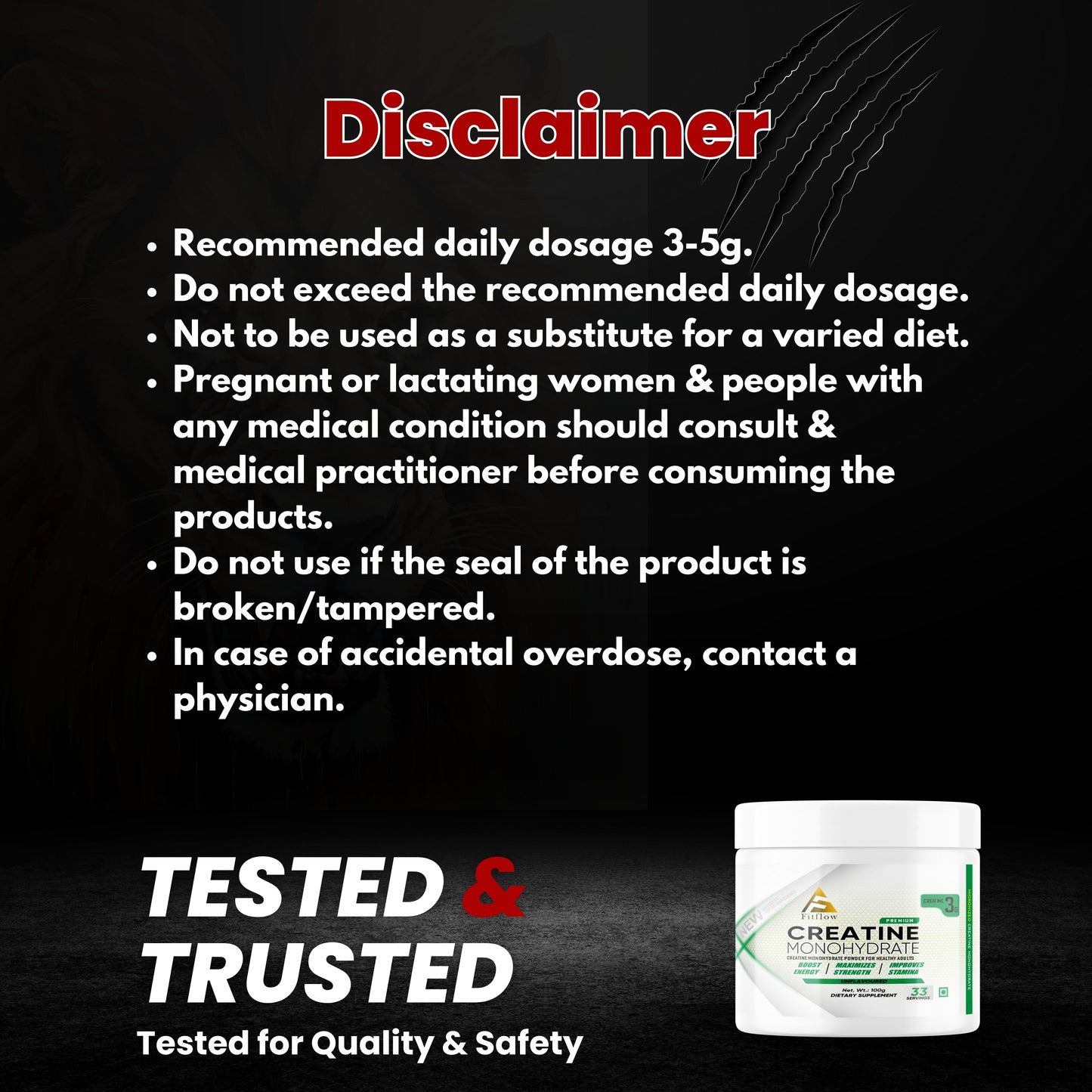 Creatine Monohydrate 100g | Lab Tested | Enhanced Absorption | 100% Pure Creatine
